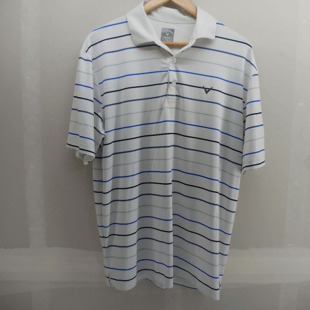 Callaway Opti Dri Mens Medium Golf Polo Shirt Blue‎ White Striped Chevron
